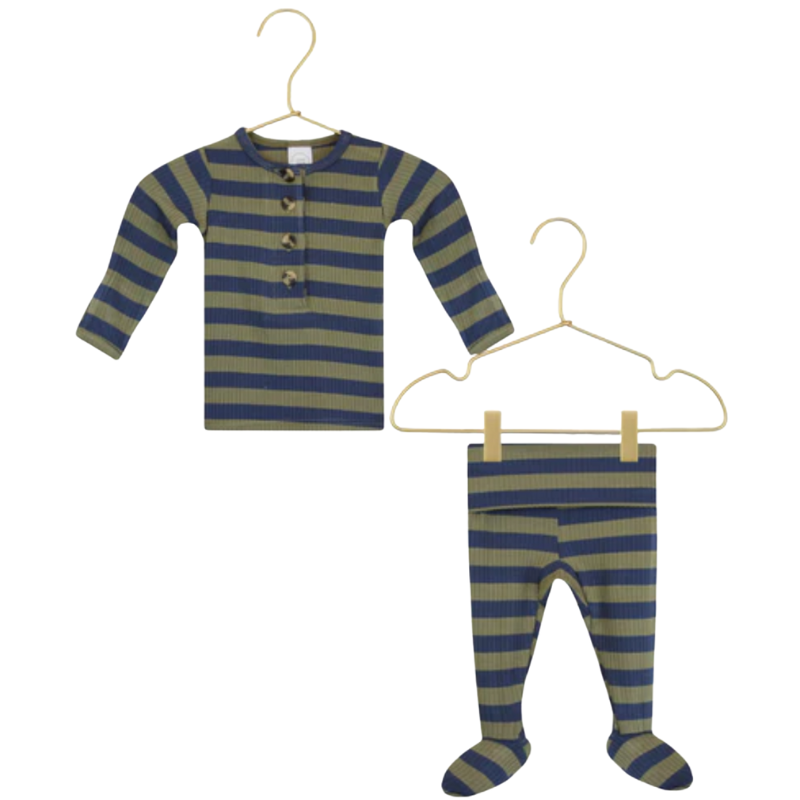 Lou Lou & Co - Infant Rome Top + Bottom Set in Navy/Green Stripes