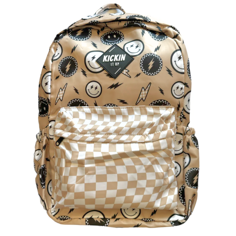 Kids modern backpack tan smile checkers