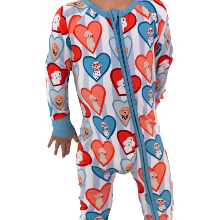 In My Jammers - Fur-Ever Valentine Zipper Romper in Blue