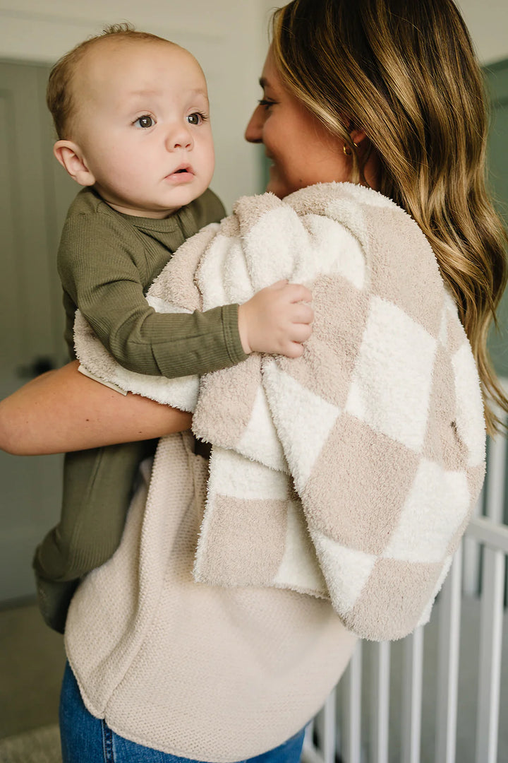 Mebie Baby - Plush Reversible Blanket in Taupe Checkers (3 sizes available)