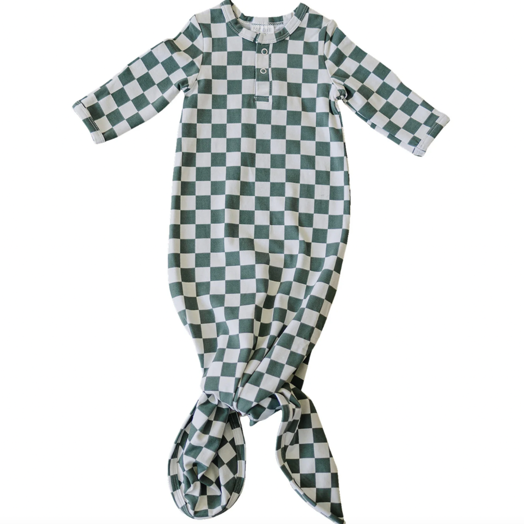 Mebie Baby - Newborn Knot Gown in Green Checkers