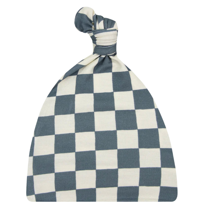 Lou Lou and Co cream and blue checks top knot hat