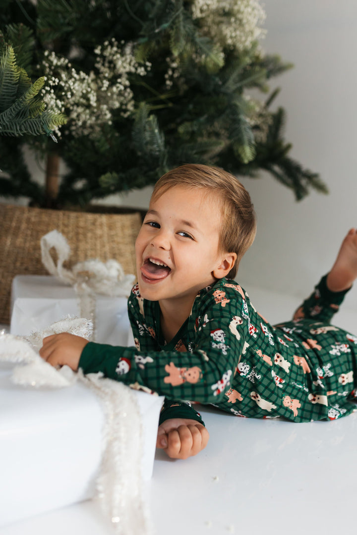 In My Jammers - Christmas Pups Zipper Romper in Green Plaid