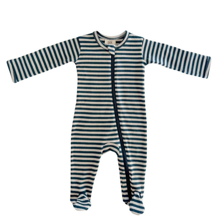 SIIX - Organic Ribbed Two-Way Zip Footie in Steel Blue Stripes