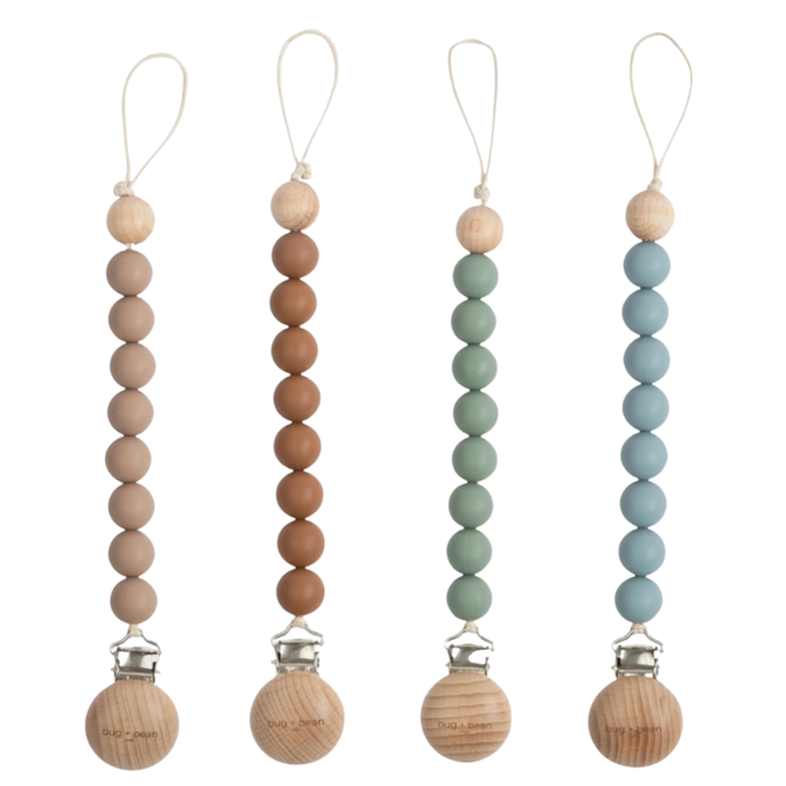 Silicone and Beech Wood Pacifier Clip - 4 colors available