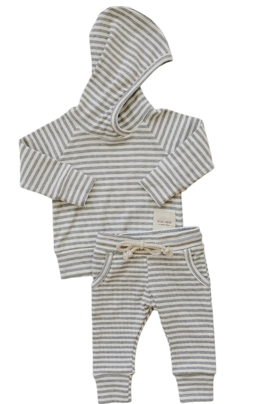 Mebie Baby - Striped Hooded Set in Grey/Cream