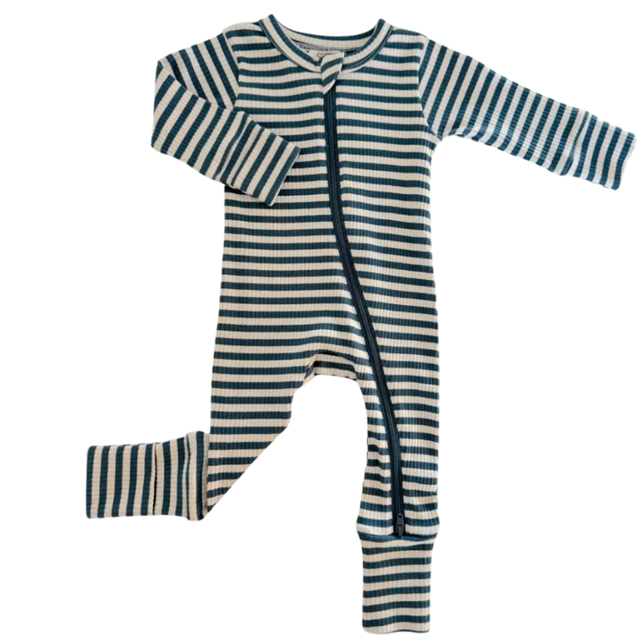 SIIX - Organic Ribbed Two-Way Zip Romper in Steel Blue Stripes