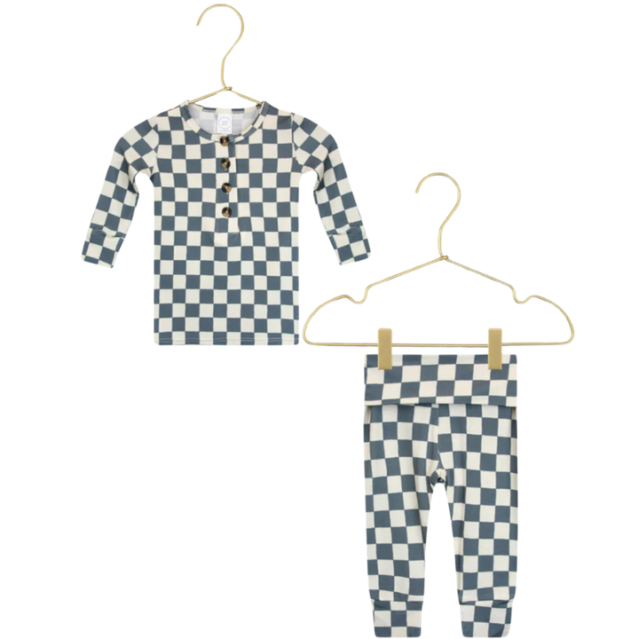 Lou Lou + Company blue and cream check two piece infant set