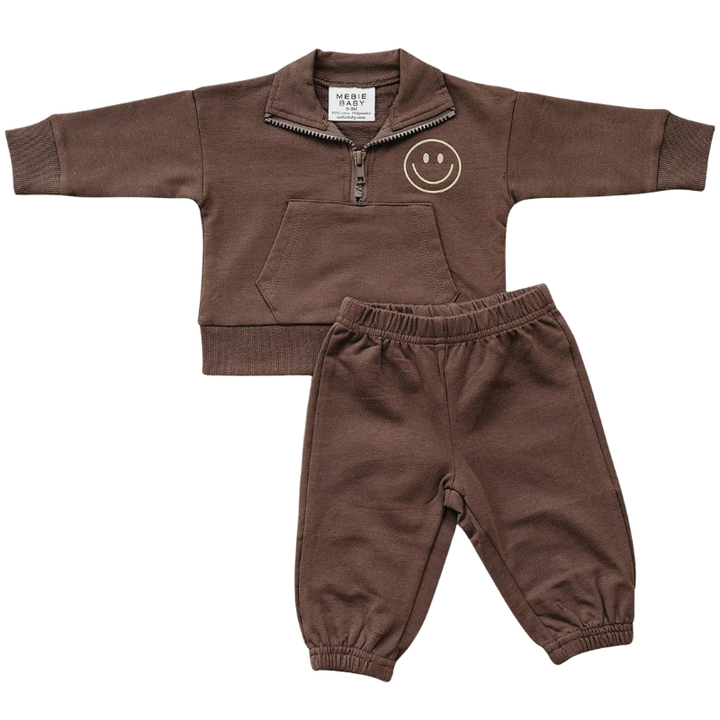 Mebie Baby - Smile Quarter Zip French Terry Set in Brown