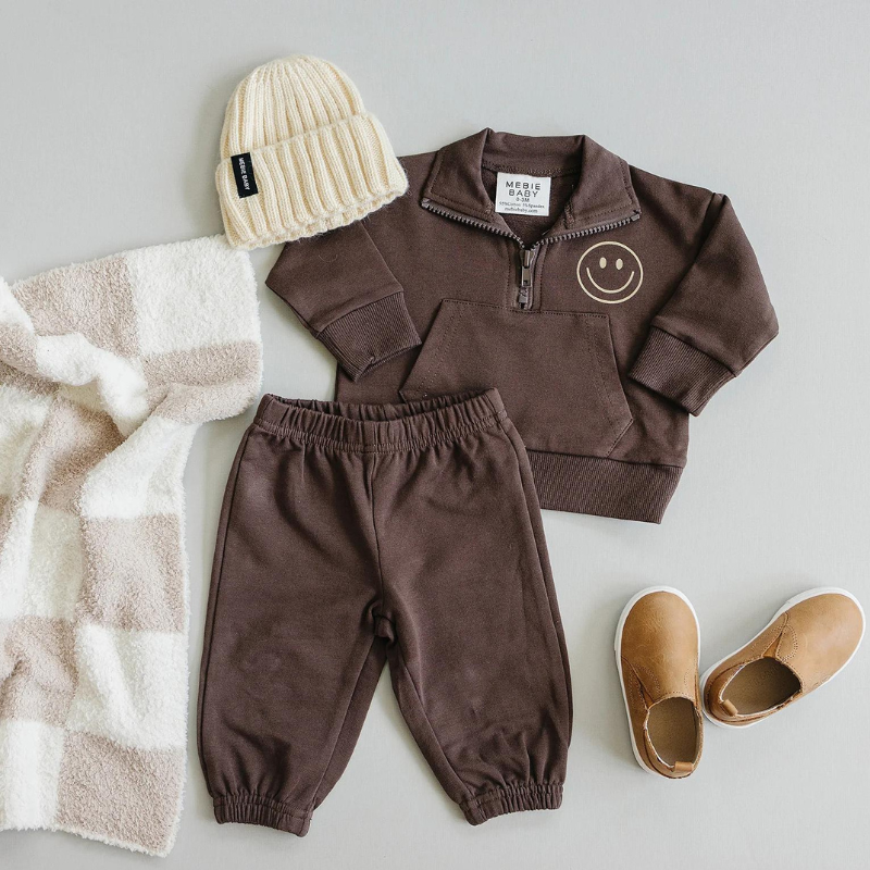 Mebie Baby - Smile Quarter Zip French Terry Set in Brown