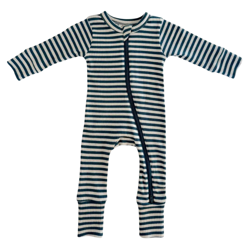 SIIX - Organic Ribbed Two-Way Zip Romper in Steel Blue Stripes