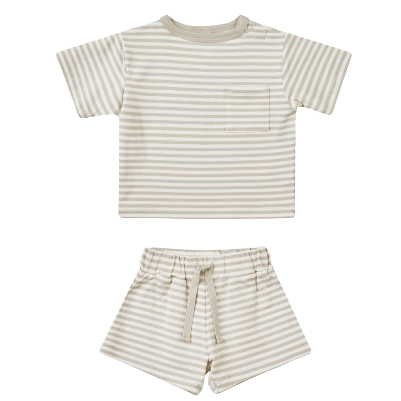 Quincy Mae - Boxy Pocket Tee and Short Set in Ash Stripe