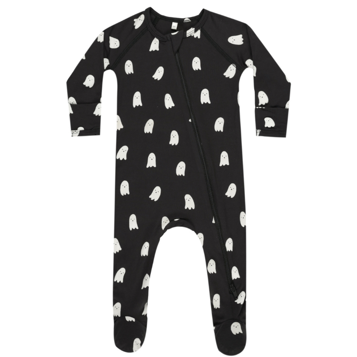 Quincy Mae - Bamboo Ghosts Zip Footie in Black