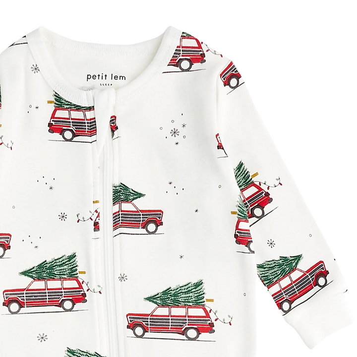 Petit Lem - Festive Cars Baby Sleeper in Off-White (6mo and 9mo)