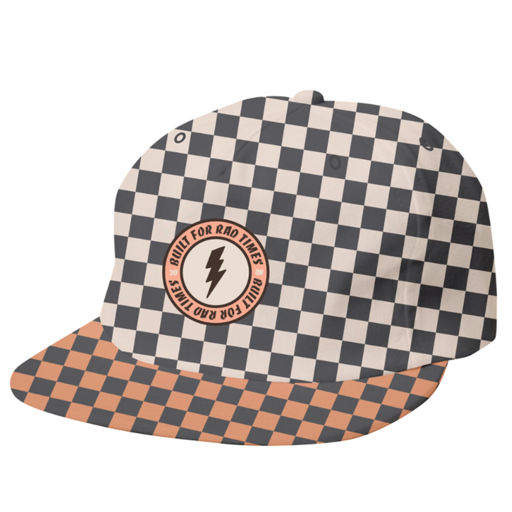 Tiny Whales - Rad Times Checkered Snapback Hat in Black/White/Coral