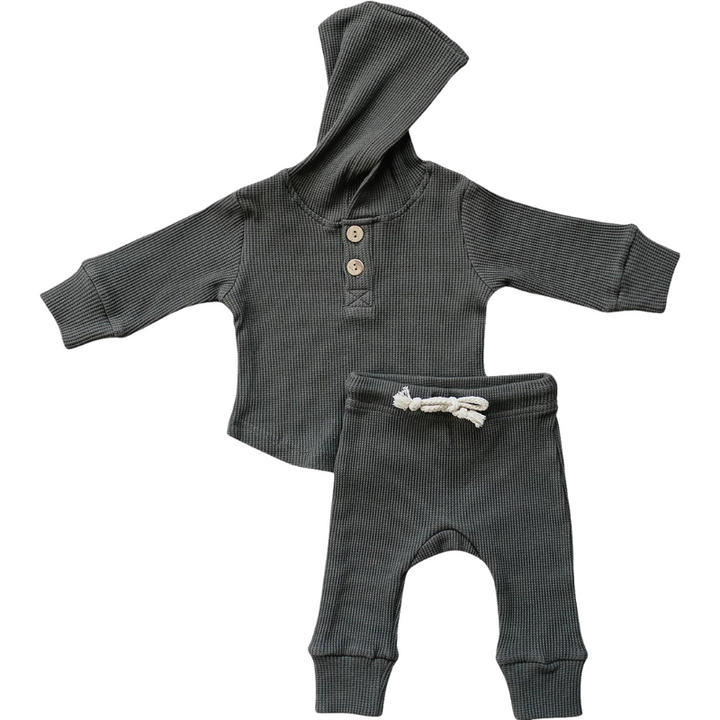 Mebie Baby - Waffle Hooded Two-Piece Set in Charcoal