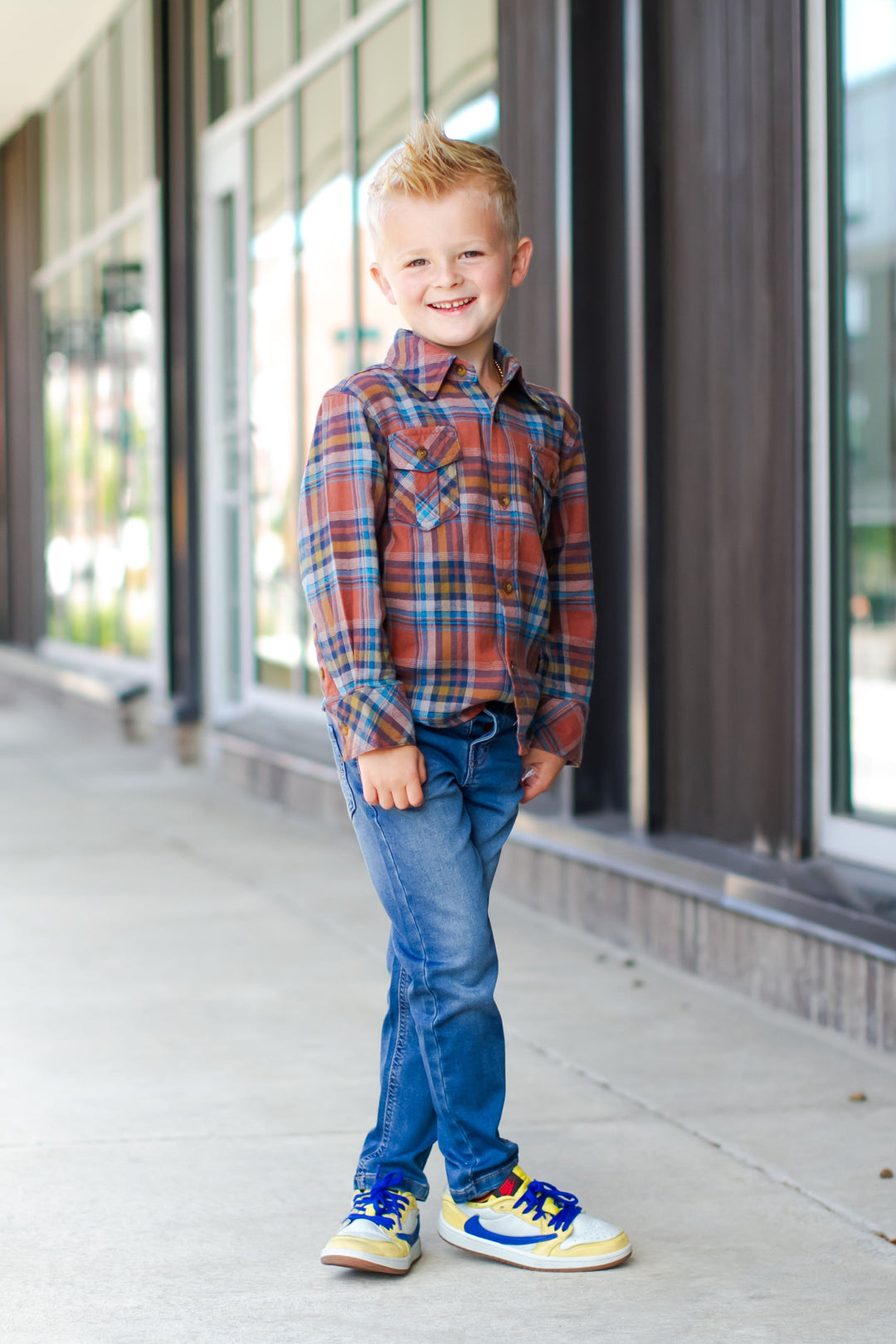 Appaman boys flannel shirt in blue and orange