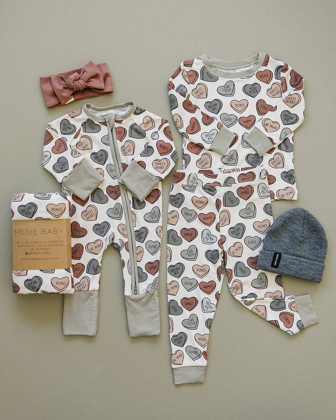 Mebie Baby - Ribbed Bamboo Cozy PJ Set in Muted Conversation Hearts