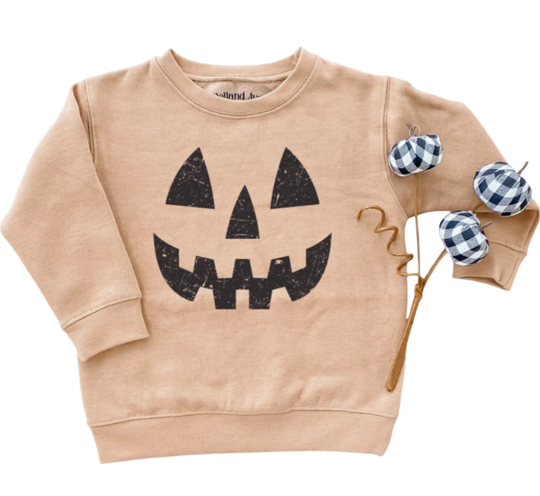 Baby Jack o lantern face tan Halloween sweatshirt