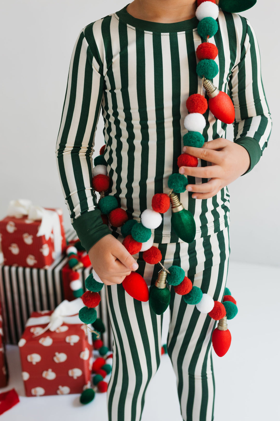 Boys Christmas pajamas green and white stripes