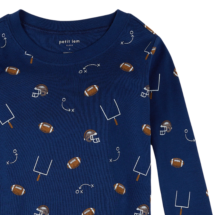 Boys blue football pajamas details