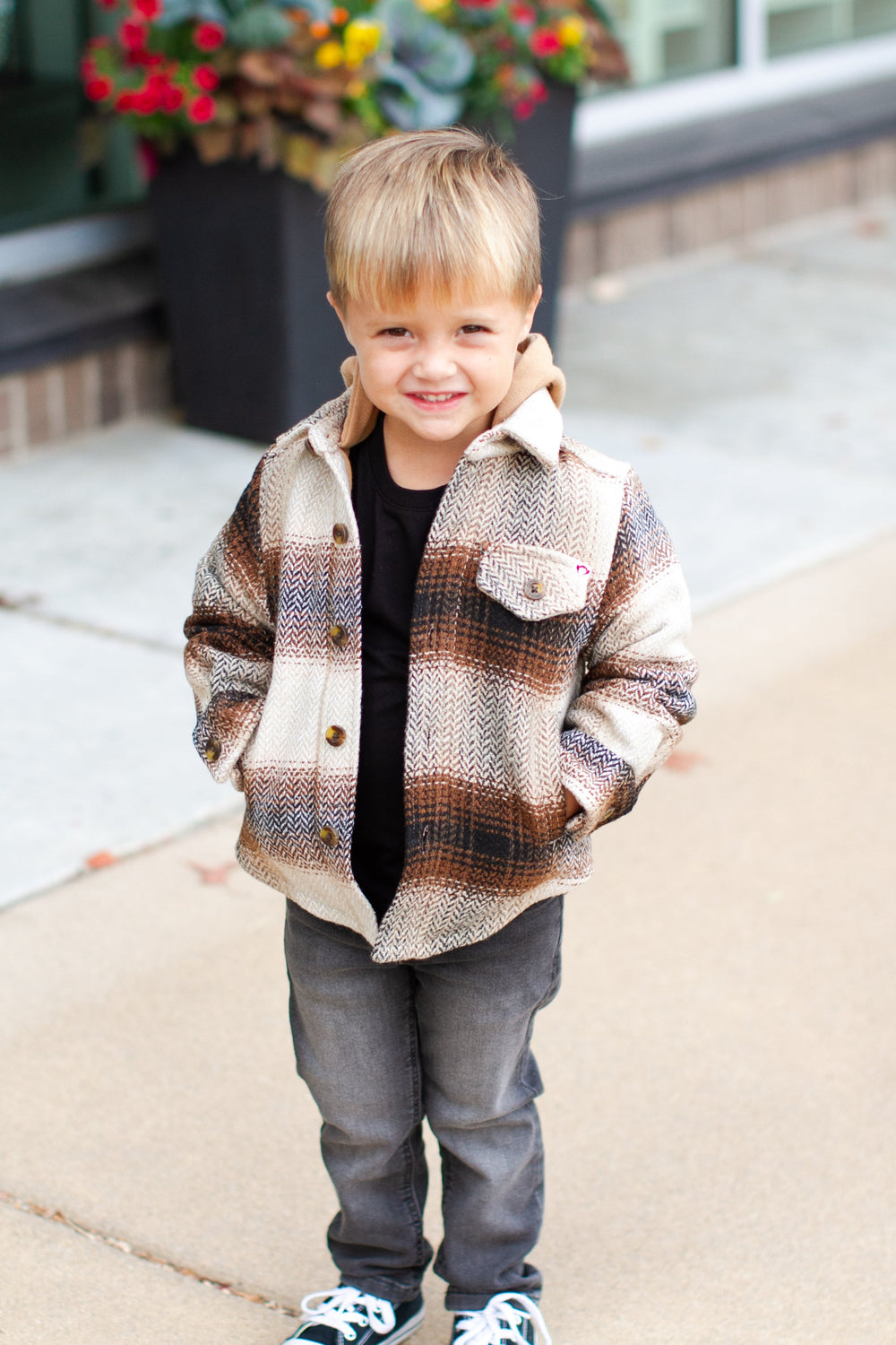 Boys flannel plaid hooded jacket in tan