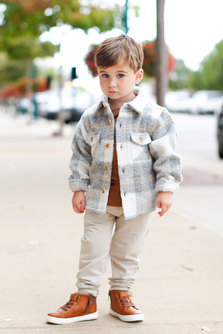 Boys fuzzy flannel shacket for fall