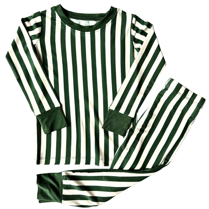 Boys green and white striped Christmas pajamas