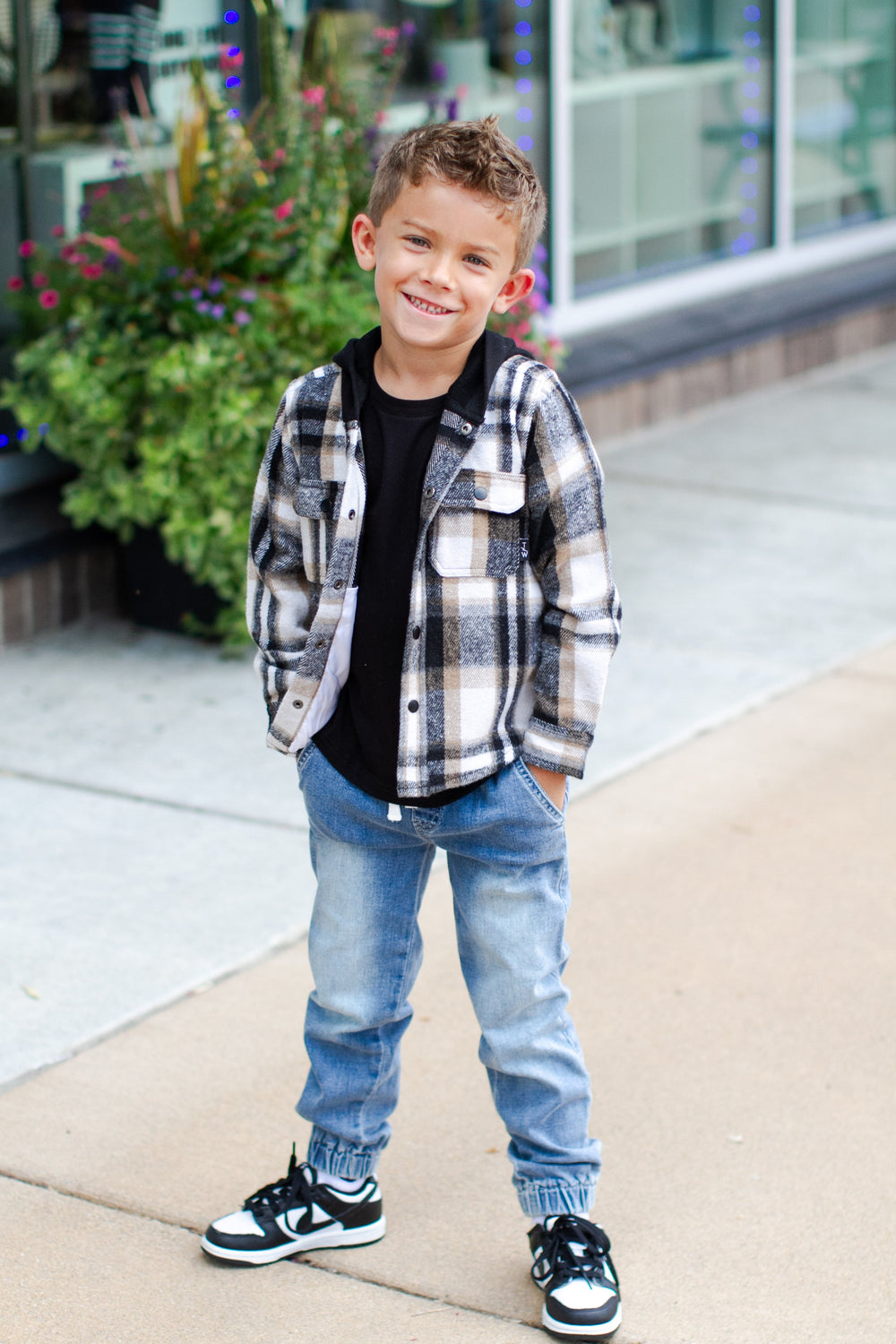 Boys hooded flannel shirt black white and tan