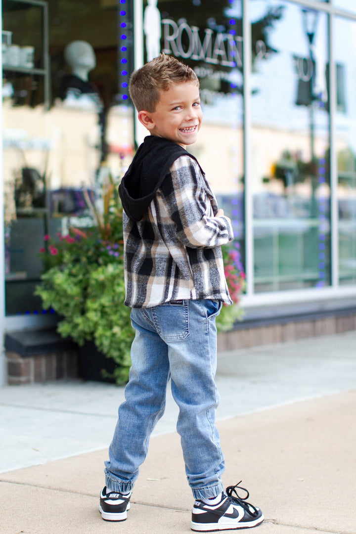 Boys hooded plaid shacket black