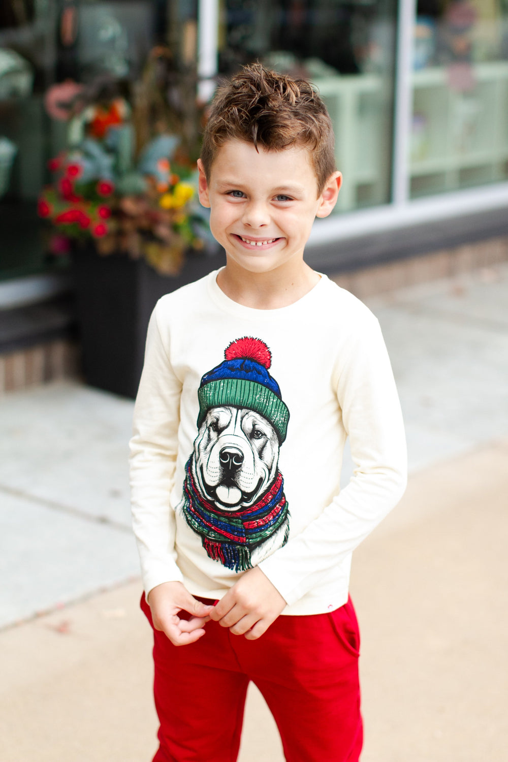 Boys long sleeve tee with a dog in a hat and scarf 