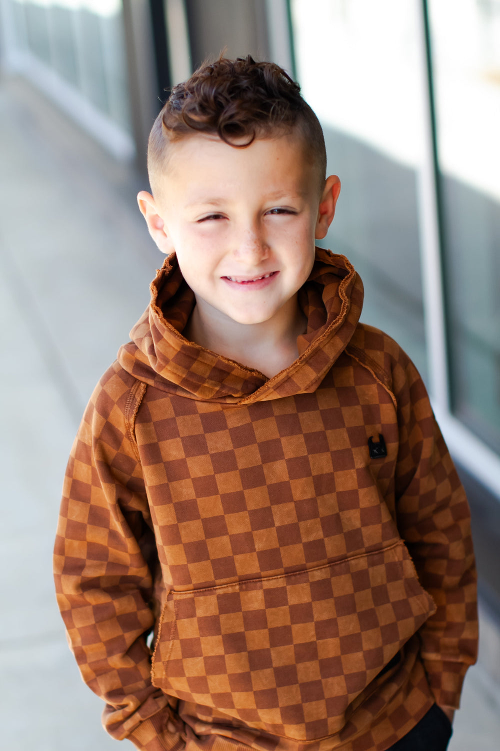 Boys rust checkered hoodie