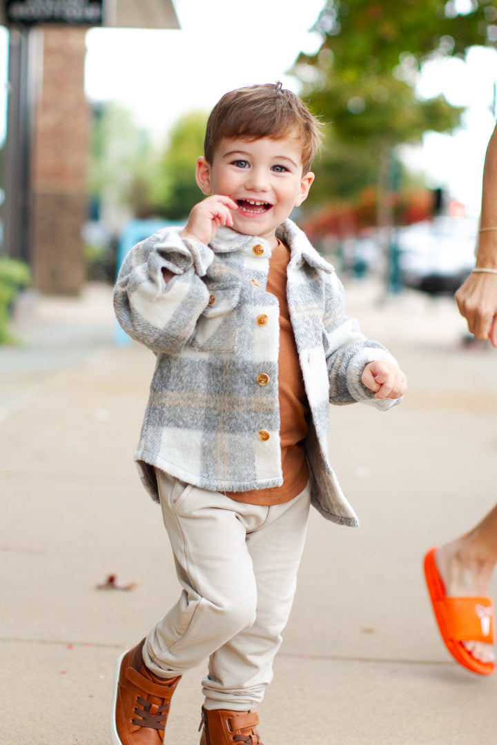 Boys warm fall shacket in cream plaid