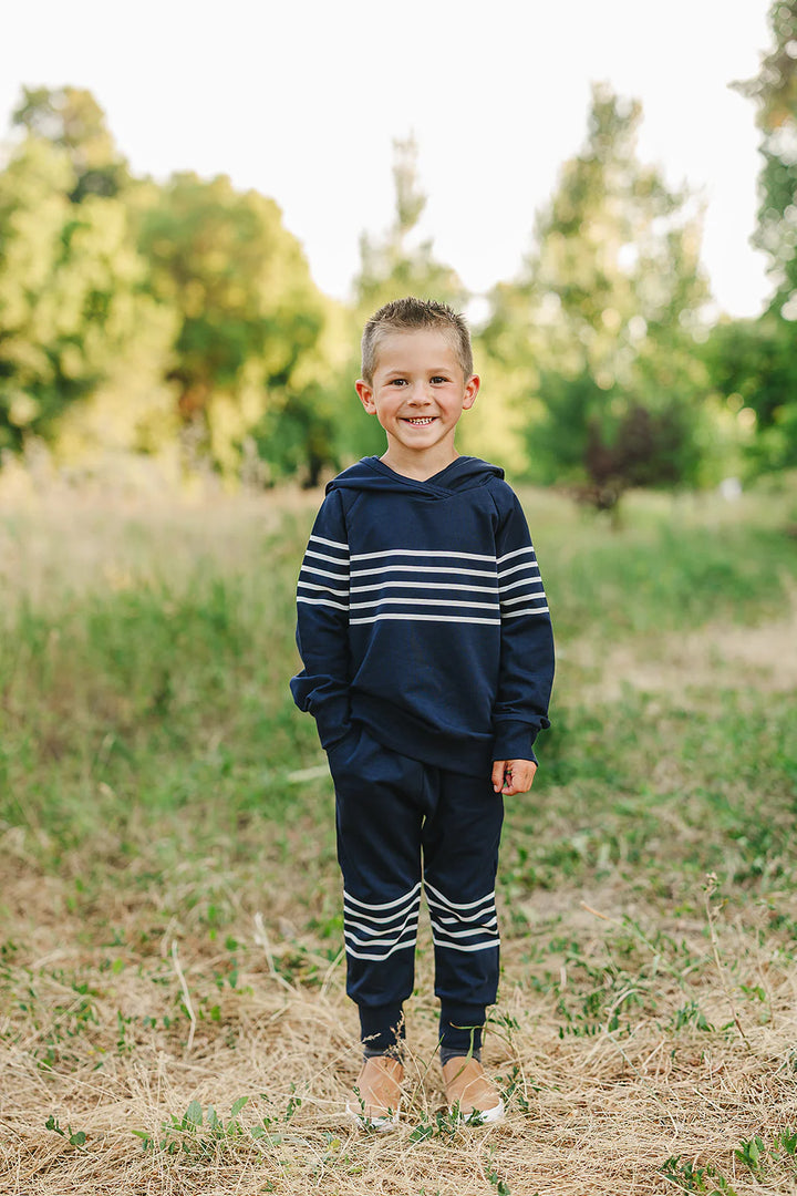 Mebie Baby - Hooded French Terry Set in Navy Stripes