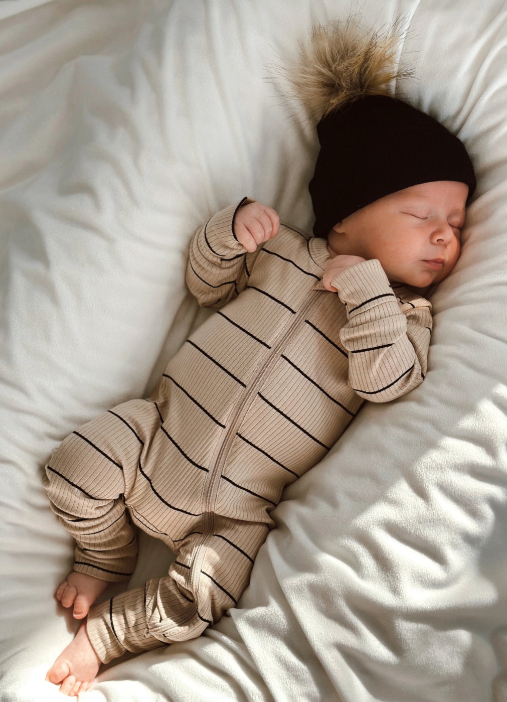 SIIX - Organic Ribbed Two-Way Zip Romper in Tan w/ Black Stripes