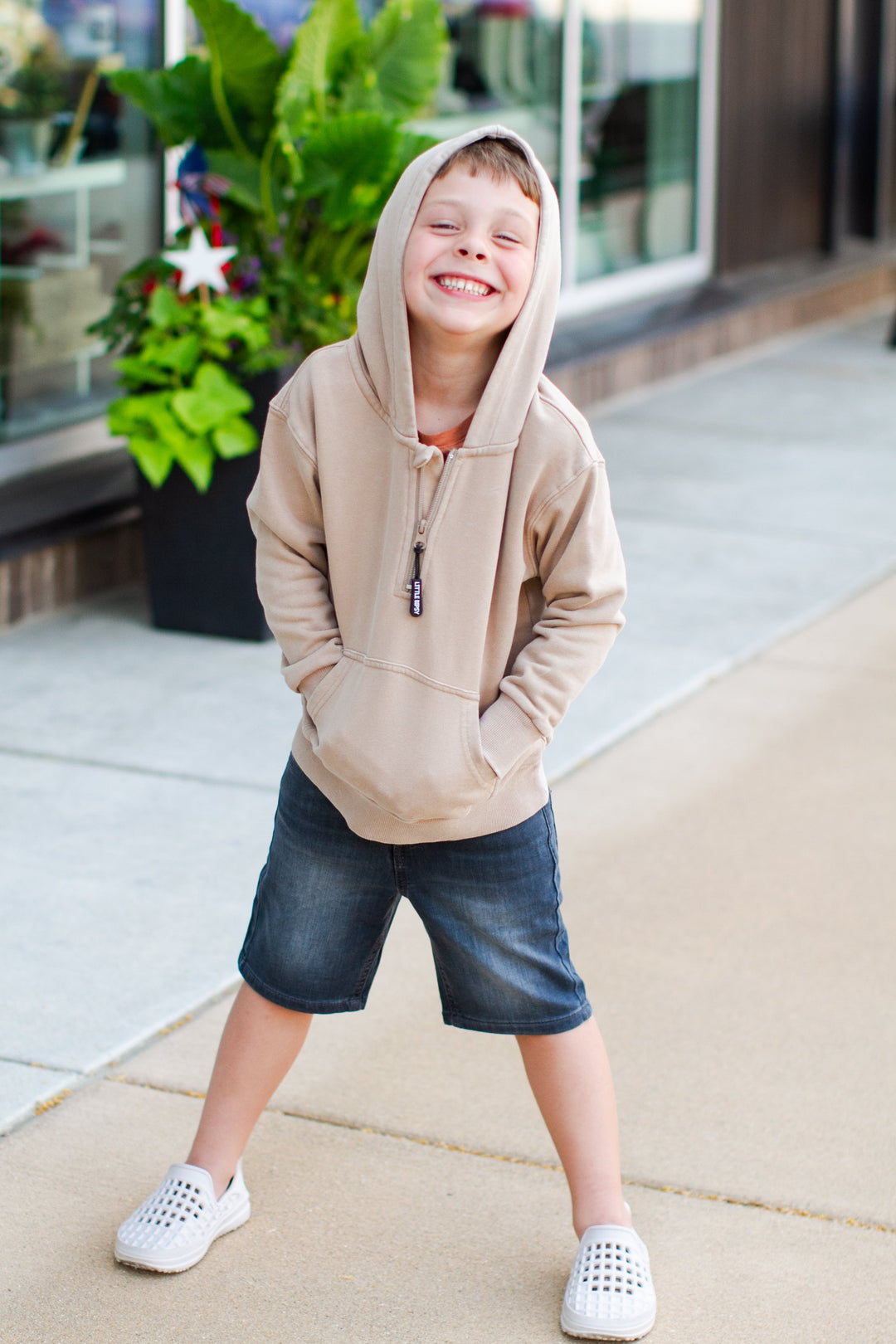 Little Bipsy - Quarter Zip Hoodie in Beige Wash