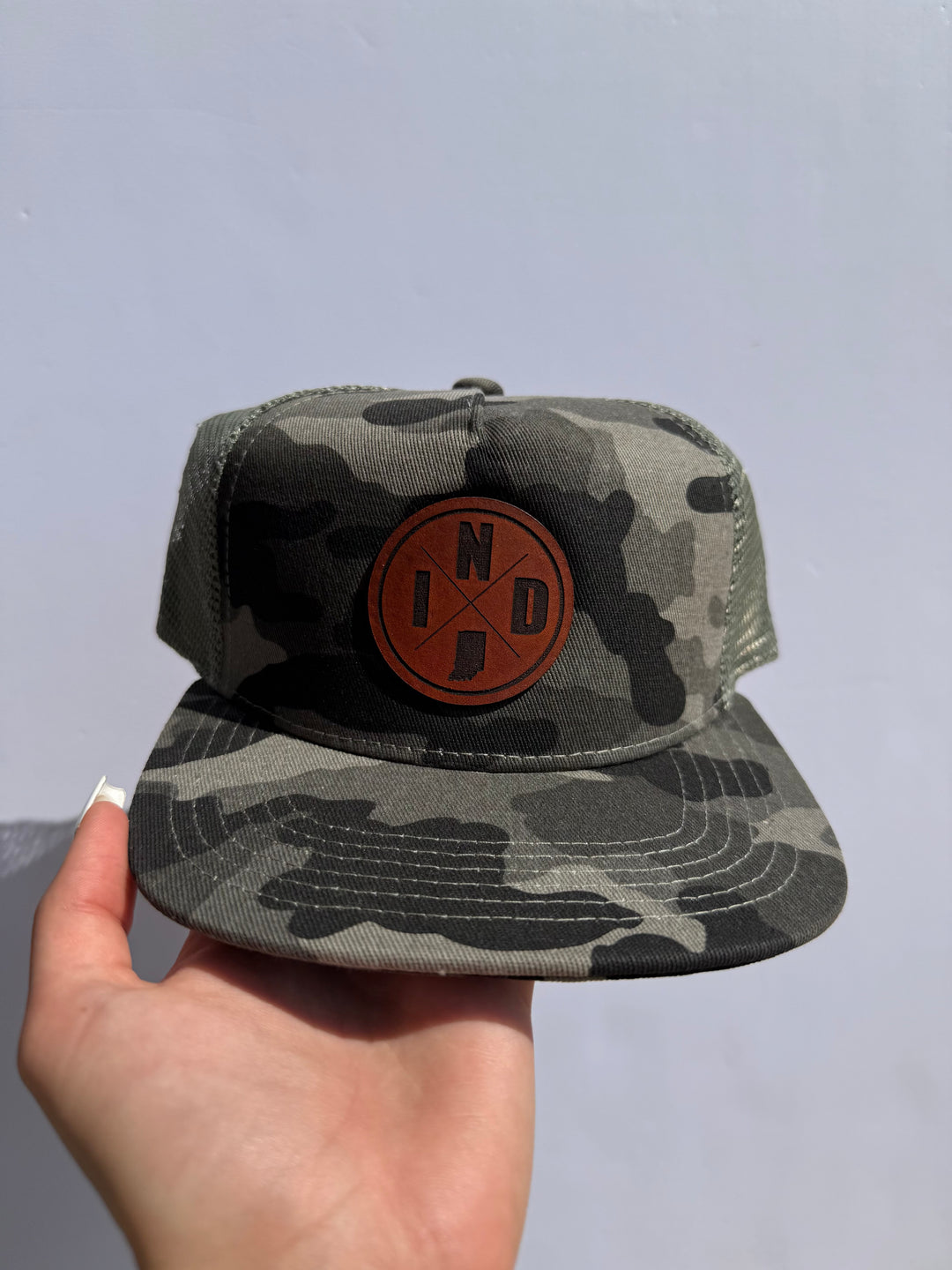 Left Grain - Indiana Round Patch Mesh Trucker Snapback Hat in Grey Camo