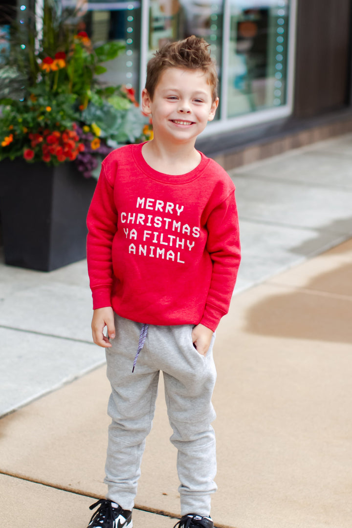 Oat Collective - Merry Christmas Ya Filthy Animnal Pullover in Cranberry Heather