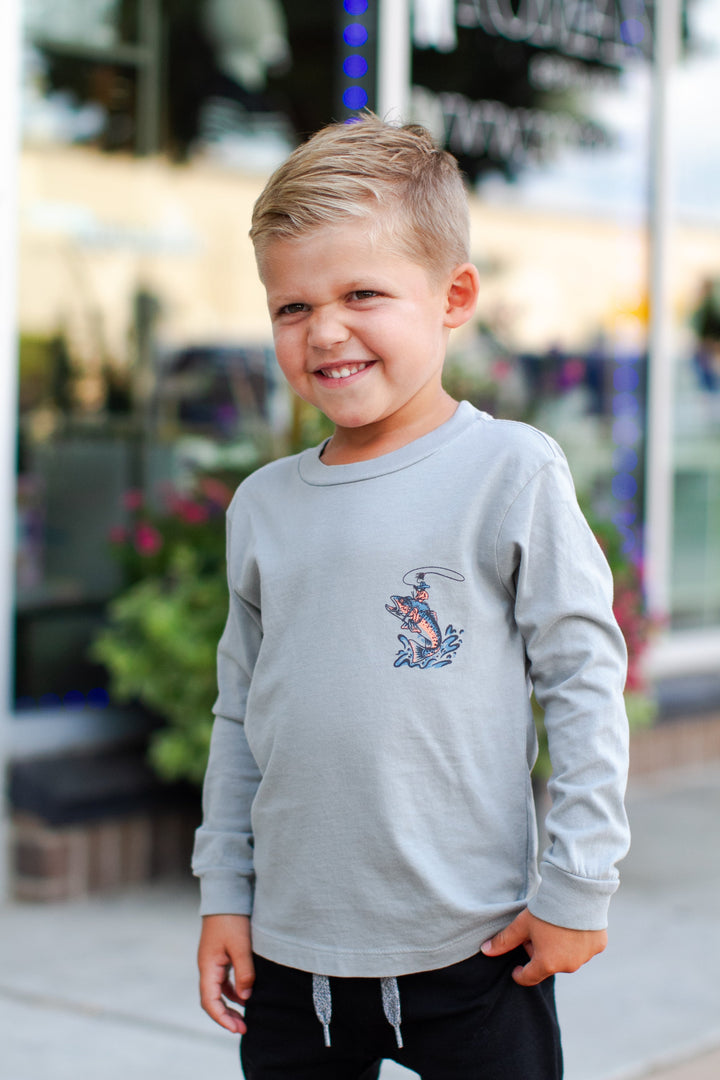 Tiny Whales - 'First Rodeo' LS Tee in Granite (front/back graphic)