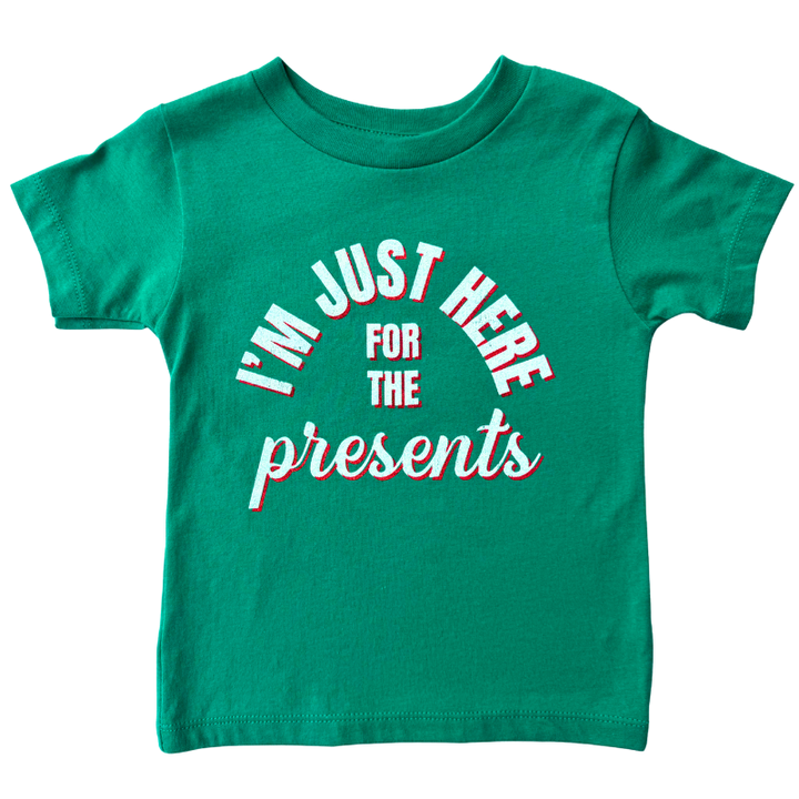 I'm Just here for the presents kids green Christmas tshirt