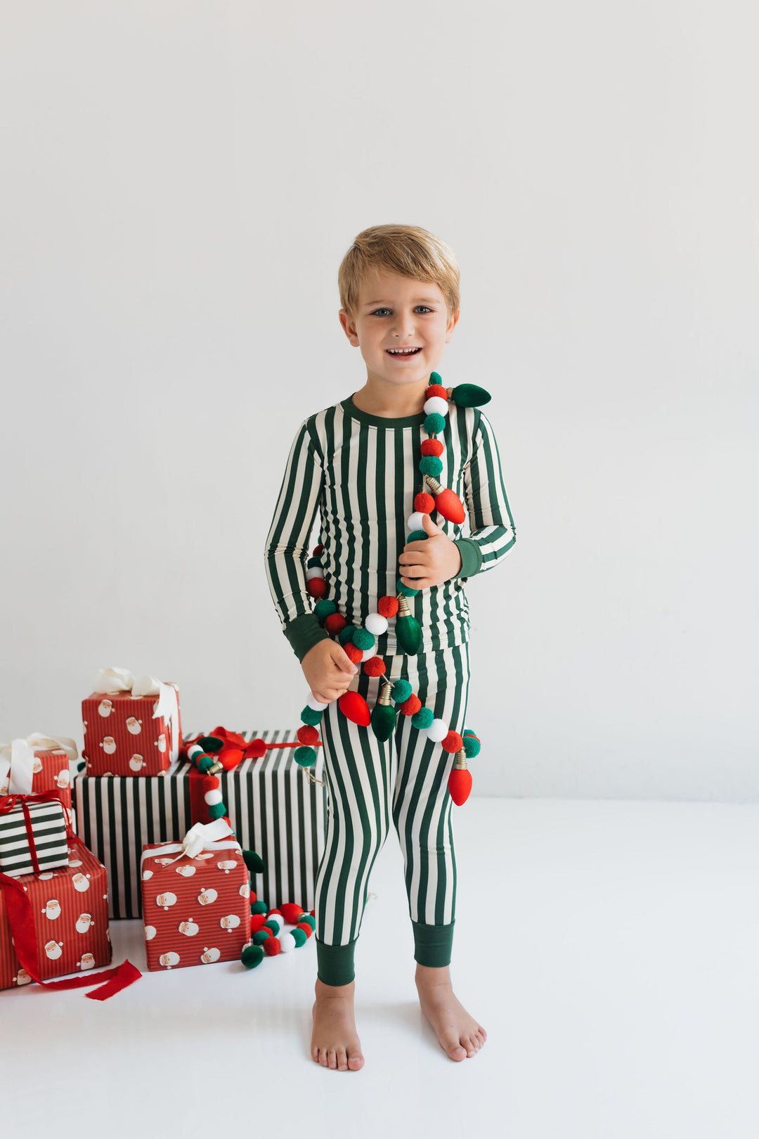 In my Jammers Boys Christmas pajamas green and white stripes