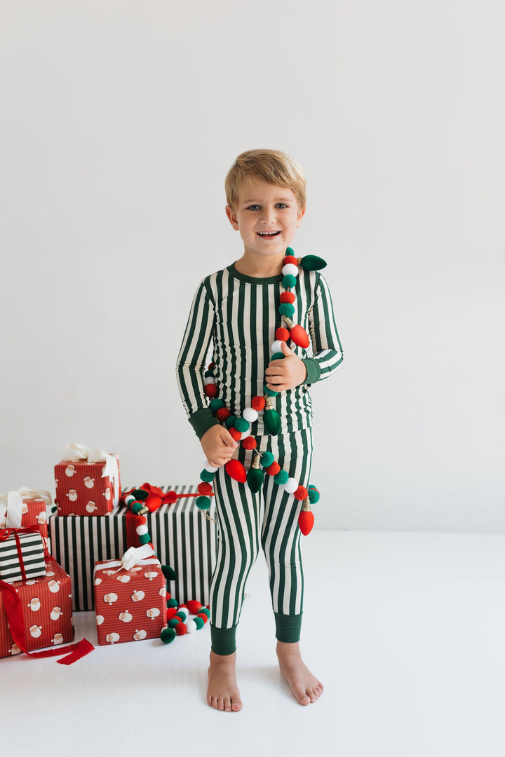 In my Jammers Boys Christmas pajamas green and white stripes