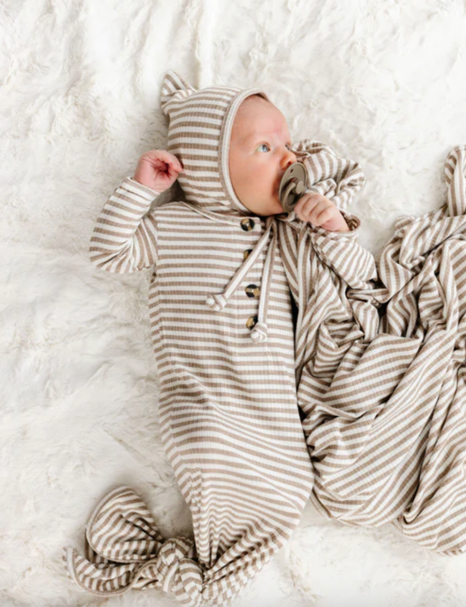 Infant swaddle blanket in tan/white stripes