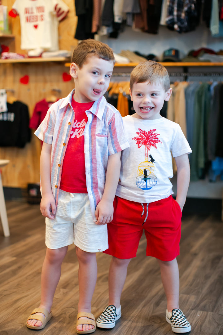 Me & Henry - Gauzey Woven Short-Sleeve Button Up in Red/White/Blue