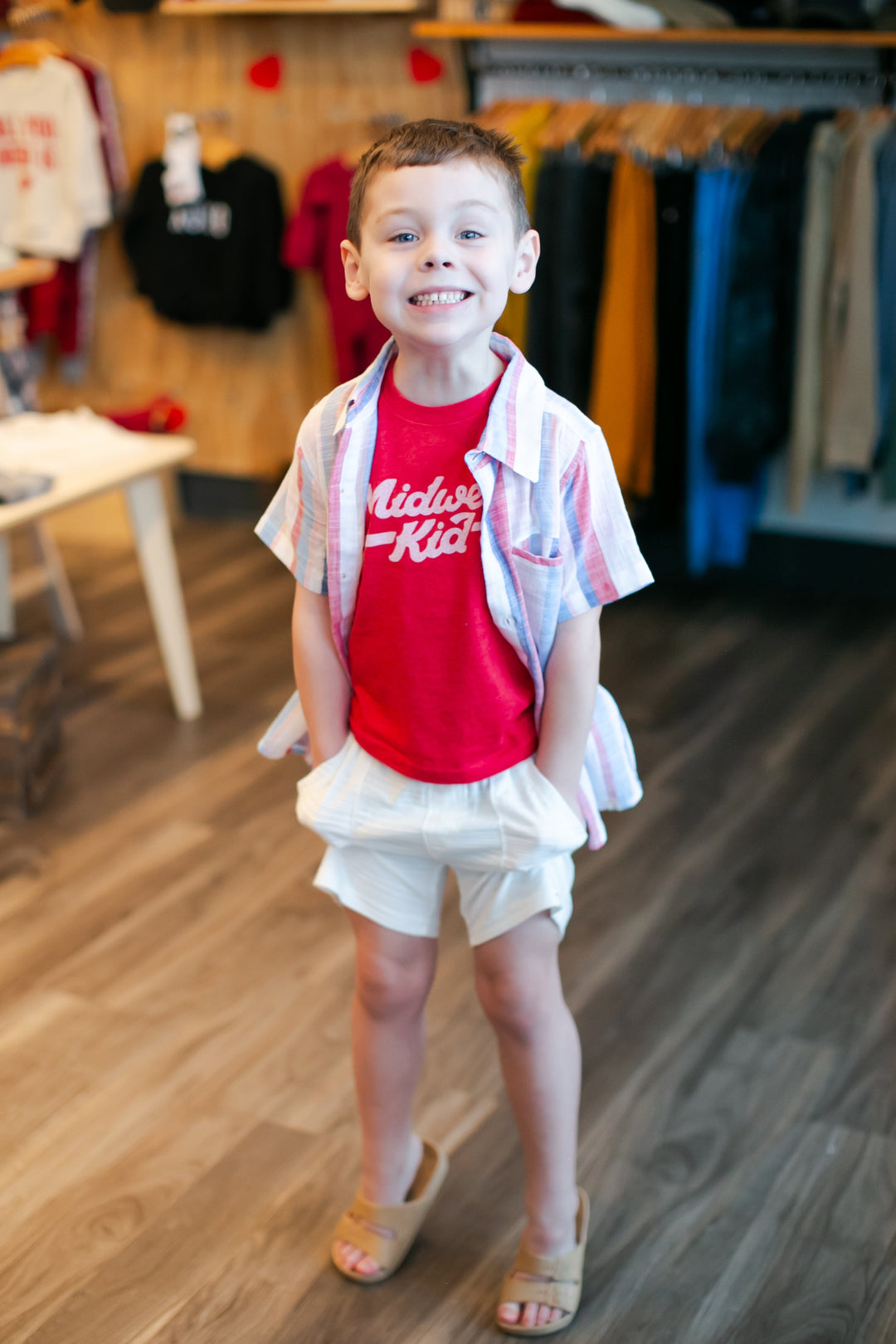 Me & Henry - Gauzey Woven Short-Sleeve Button Up in Red/White/Blue