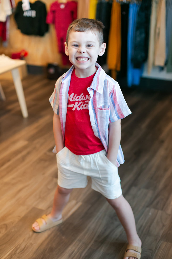 Me & Henry - Gauzey Woven Short-Sleeve Button Up in Red/White/Blue