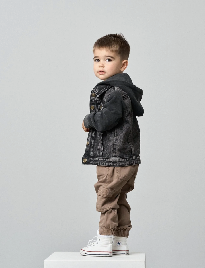 Kids black jean jacket with fleece sleeves