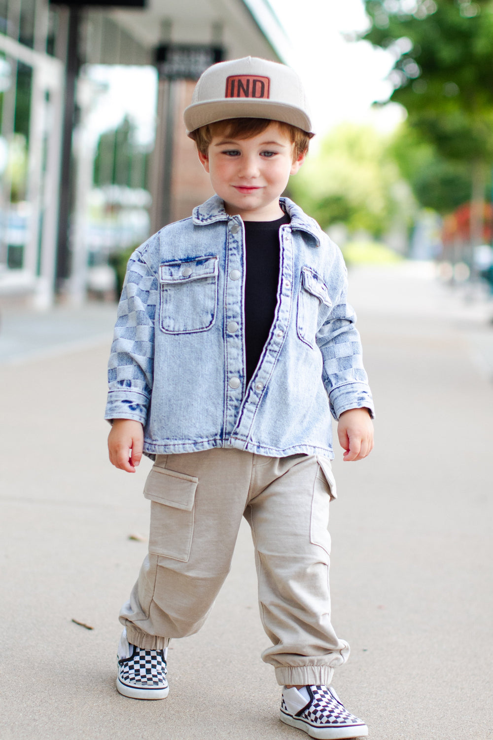 Kids checkered sleeve denim jacket