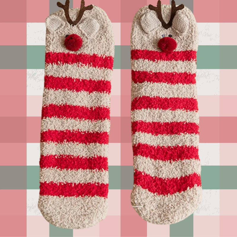 Kids fuzzy Christmas socks Striped Reindeer