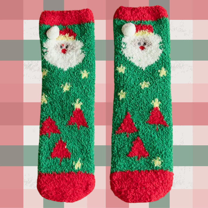 Kids fuzzy Christmas socks green Santas